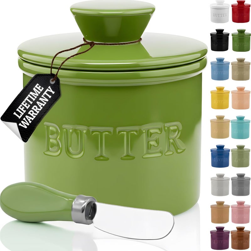 Priority Chef PriorityChef Butter Crock with Lid with Water Line, Ceramic French Butter Dish to Leave On Counter, Green - Image 1