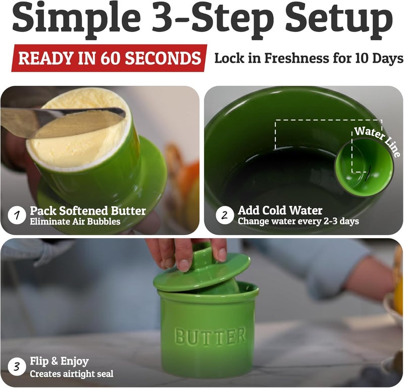 Priority Chef PriorityChef Butter Crock with Lid with Water Line, Ceramic French Butter Dish to Leave On Counter, Green - Image 3