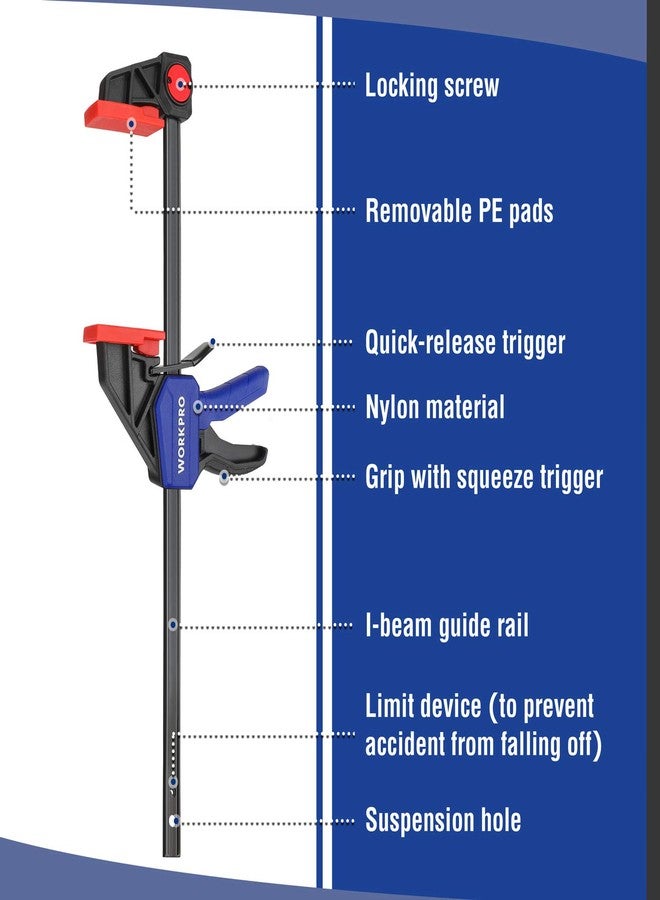ووركبرو مشابك WORKPRO مقاس 12 بوصة لأعمال النجارة، عبوة من قطعتين، مشابك/موزع خشب سريع الفك، خفيفة الوزن، مشابك تثبيت بيد واحدة، حد أقصى للحمل 150 رطل، مثالية لأعمال النجارة والمشاريع المنزلية - Image 5