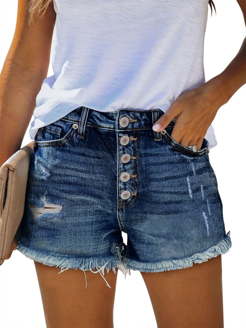ZOLUCKY Womens Shorts for Summer High Waisted Jean Shorts Ripped Frayed Raw Hem Casual Button Denim Shorts Navy L - Image 1