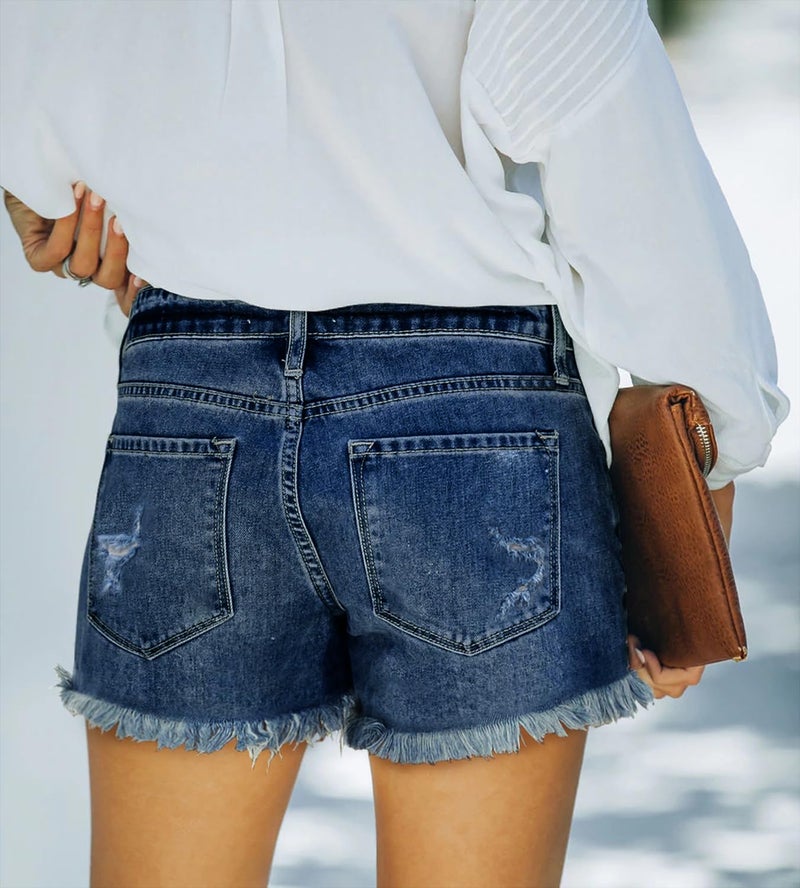 ZOLUCKY Womens Shorts for Summer High Waisted Jean Shorts Ripped Frayed Raw Hem Casual Button Denim Shorts Navy L - Image 4