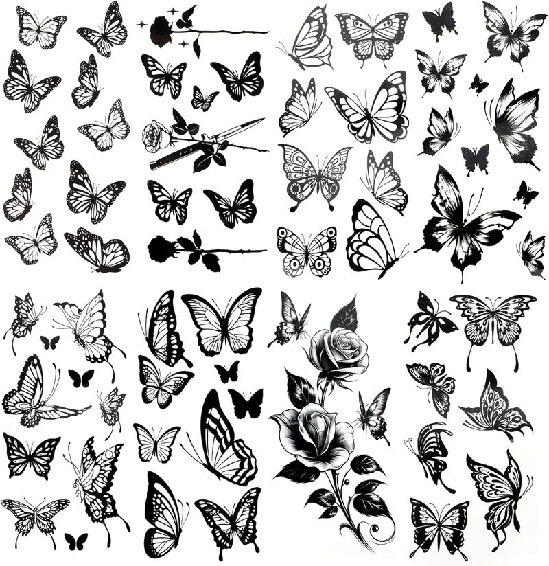 8 Sheets Large Black Butterfly Temporary Tattoos Stickers Waterproof Fake Tattoo Sticker Flowers Butterflies Hummingbird Swallow Rose Style Realistic Tattoos for Women Girls Body Arm Hand Neck