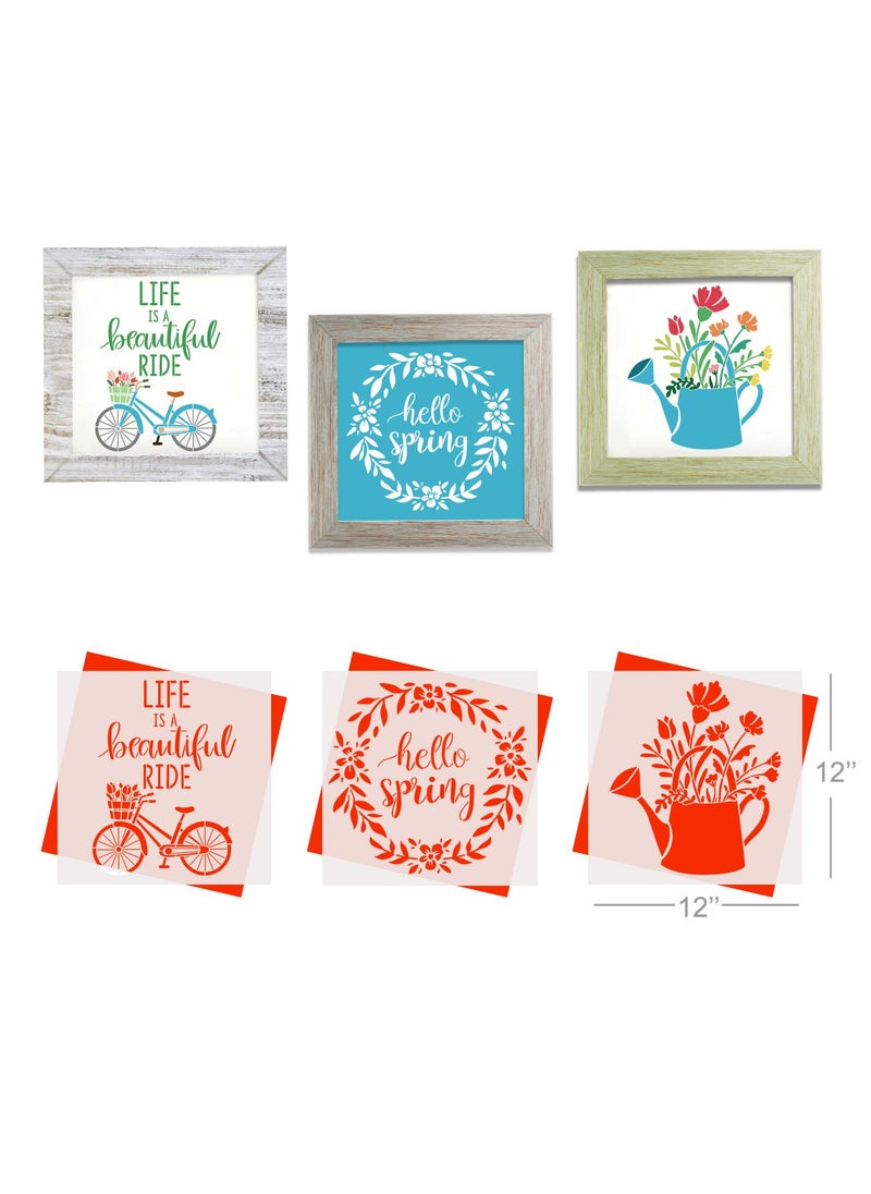 G GSS Designs GSS Designs Hello Spring Bicycle Stencils (3 Pack) - Reusable Flower Stencils for Painting on Wood Wall Canvas Pillow (12x12 Inch) - Art Painting Kit for Home Decor (SL-096)  - Image 2