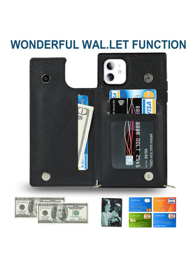 زبون جراب لهاتف iPhone 11، جراب مربع مزدوج الإبزيم، مصنوع من مادة TPU+PU، مع فتحات للبطاقات ومحفظة وصورة وحزام - Image 4