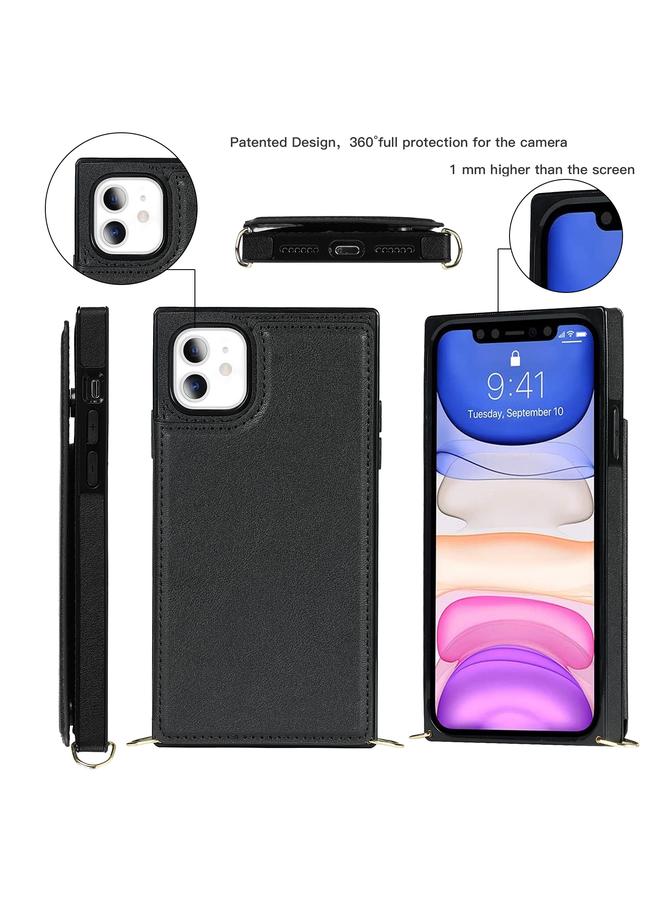 زبون جراب لهاتف iPhone 11، جراب مربع مزدوج الإبزيم، مصنوع من مادة TPU+PU، مع فتحات للبطاقات ومحفظة وصورة وحزام - Image 2