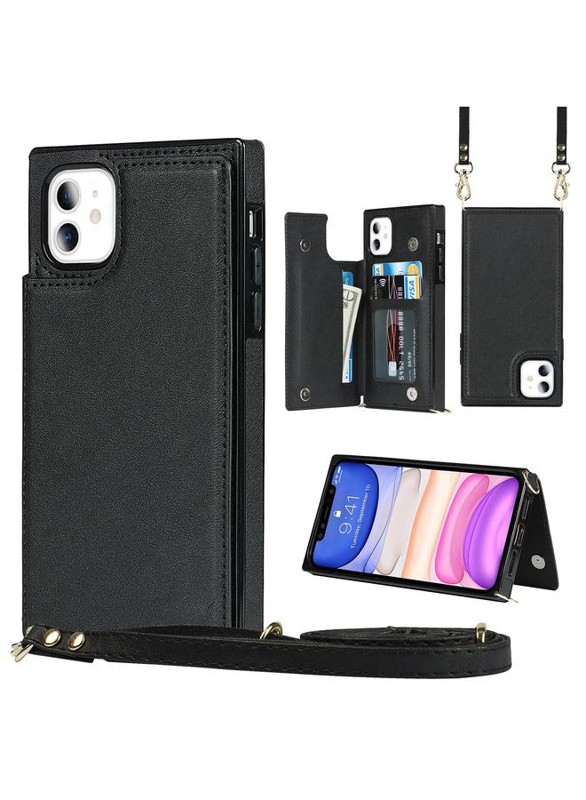 زبون جراب لهاتف iPhone 11، جراب مربع مزدوج الإبزيم، مصنوع من مادة TPU+PU، مع فتحات للبطاقات ومحفظة وصورة وحزام - Image 1