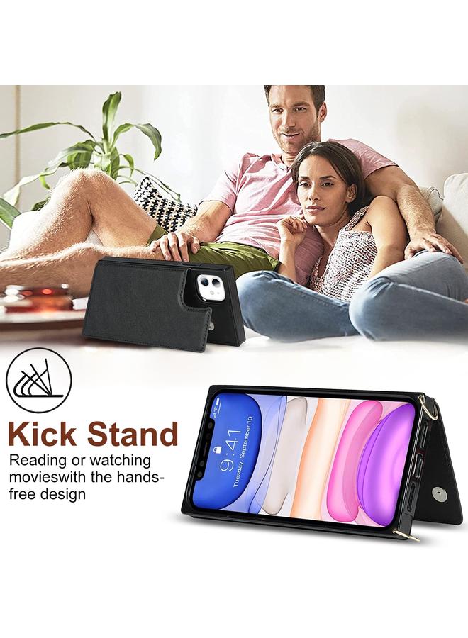 زبون جراب لهاتف iPhone 11، جراب مربع مزدوج الإبزيم، مصنوع من مادة TPU+PU، مع فتحات للبطاقات ومحفظة وصورة وحزام - Image 3