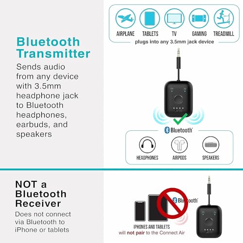 MEE Audio جهاز إرسال الصوت اللاسلكي MEE audio Connect Air للرحلات الجوية بتقنية بلوتوث، مع محول AUX مزدوج 3.5 مم إضافي، يدعم حتى 2 من AirPods/سماعات أخرى؛ يعمل مع جميع مقابس AUX 3.5 مم، باللون الأسود - Image 4