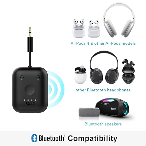 MEE Audio جهاز إرسال الصوت اللاسلكي MEE audio Connect Air للرحلات الجوية بتقنية بلوتوث، مع محول AUX مزدوج 3.5 مم إضافي، يدعم حتى 2 من AirPods/سماعات أخرى؛ يعمل مع جميع مقابس AUX 3.5 مم، باللون الأسود - Image 5