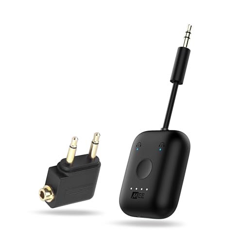 MEE Audio جهاز إرسال الصوت اللاسلكي MEE audio Connect Air للرحلات الجوية بتقنية بلوتوث، مع محول AUX مزدوج 3.5 مم إضافي، يدعم حتى 2 من AirPods/سماعات أخرى؛ يعمل مع جميع مقابس AUX 3.5 مم، باللون الأسود - Image 1