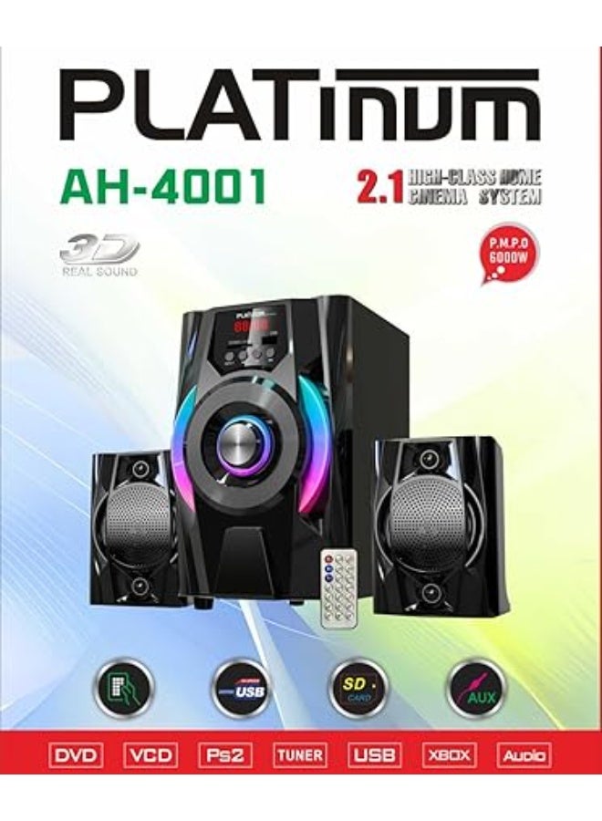 Platinum AH-4001 2.1 Channel Home Cinema Subwoofer System - 6000W P.M.P.O. with RGB Dynamic Lighting & Remote Control | Supports Bluetooth, USB, AUX, and SD Card - Image 2
