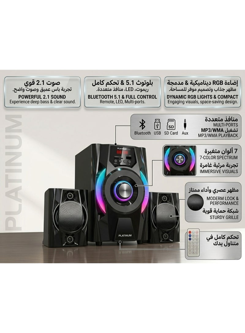Platinum AH-4001 2.1 Channel Home Cinema Subwoofer System - 6000W P.M.P.O. with RGB Dynamic Lighting & Remote Control | Supports Bluetooth, USB, AUX, and SD Card - Image 3