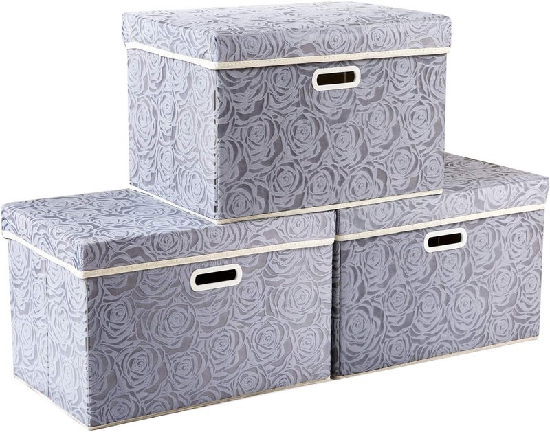 PRANDOM Large Storage Boxes with Lids [3-Pack] Fabric Decorative Storage Bins Cubes Organizer Containers Baskets with Handles for Closet Grey 17.7x11.8x11.8 In For 6+ Year Old Boys and Girls - Image 1