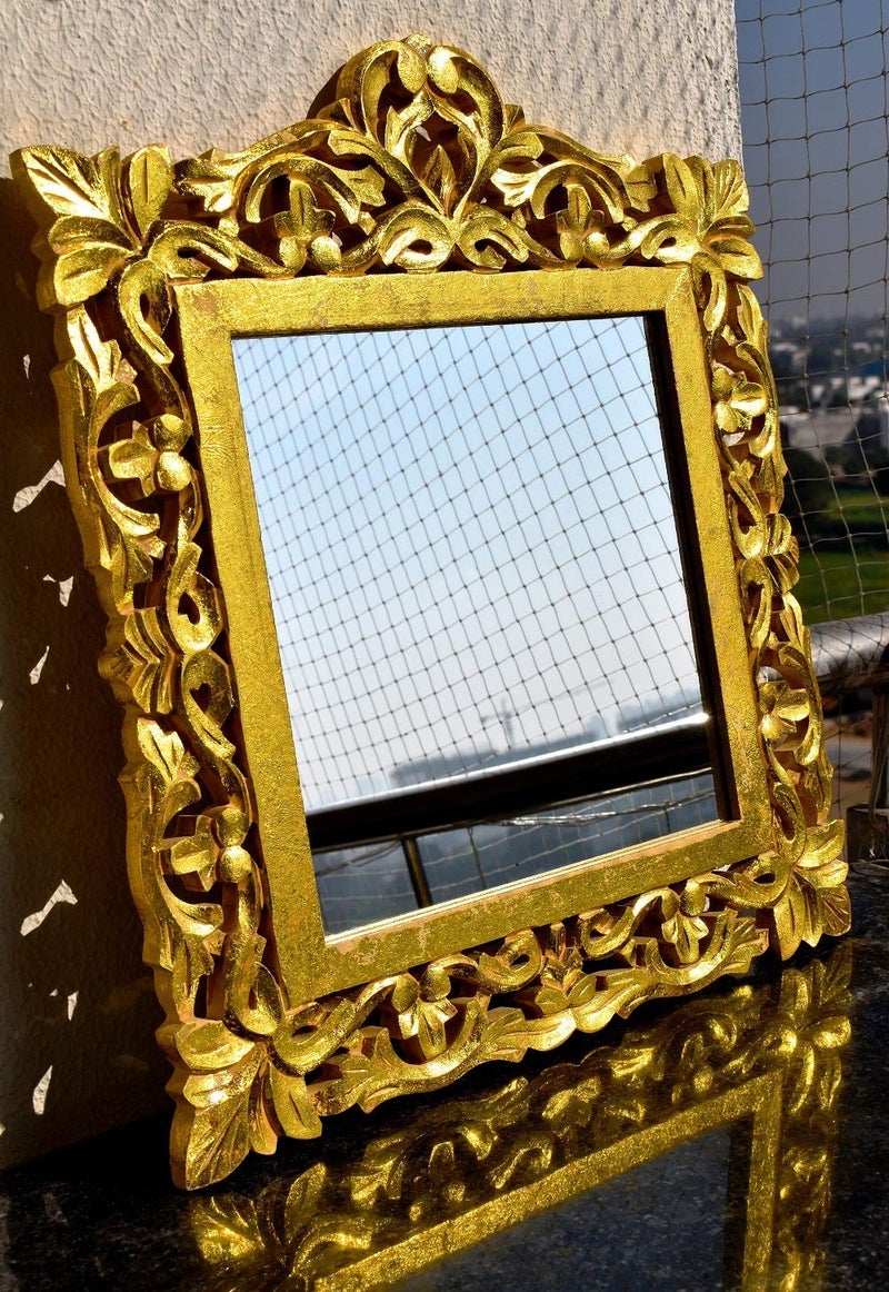 Bapna Mango Wood Monica Square Mango Wood Wall Mount Mirror Frame with Golden Foil Finish (52 x 45 cm, Gold) - Image 1