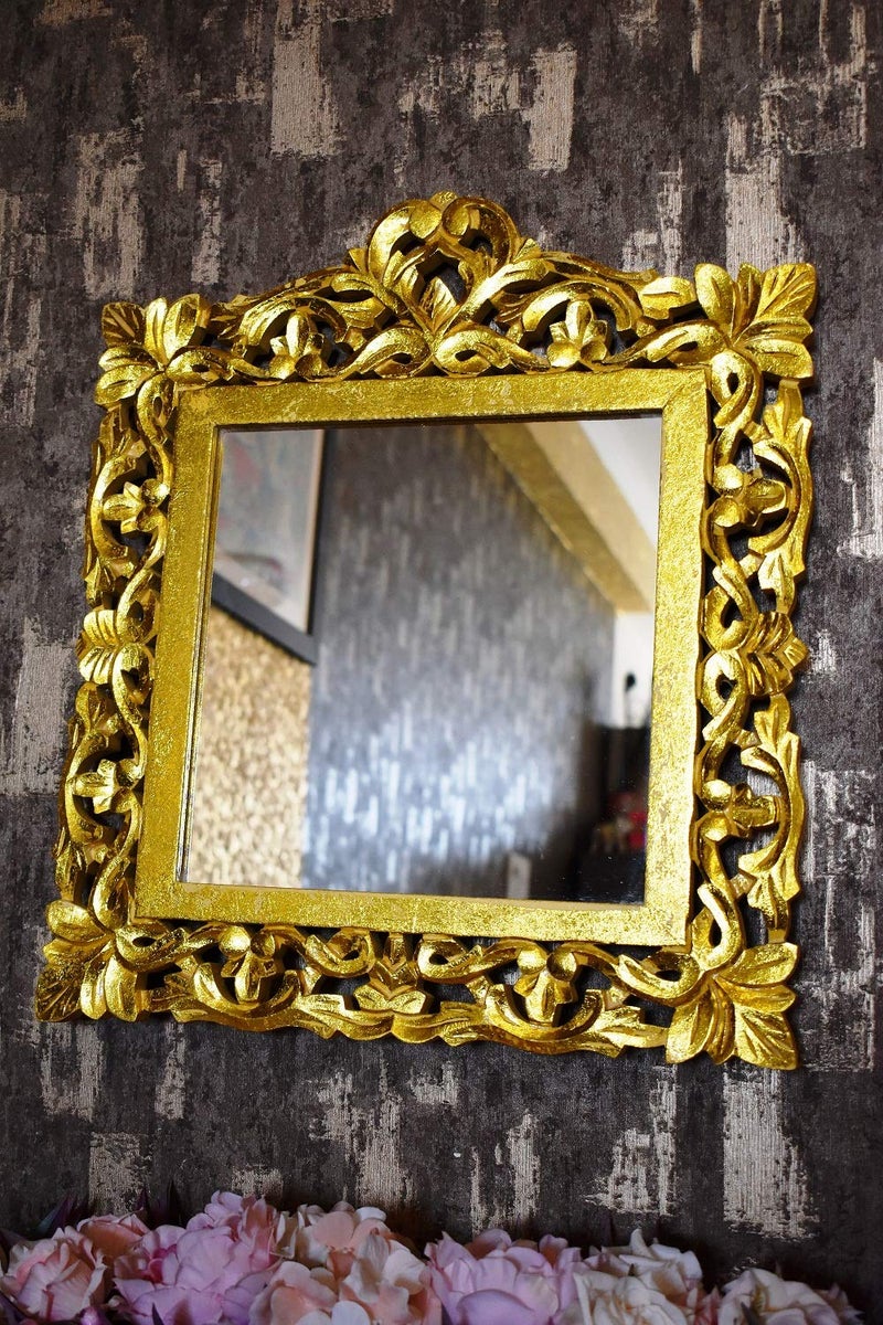 Bapna Mango Wood Monica Square Mango Wood Wall Mount Mirror Frame with Golden Foil Finish (52 x 45 cm, Gold) - Image 2