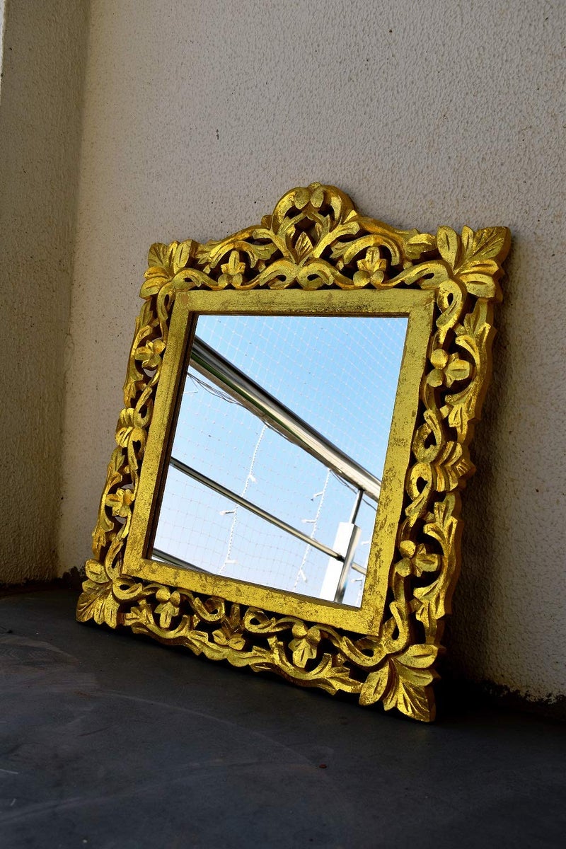 Bapna Mango Wood Monica Square Mango Wood Wall Mount Mirror Frame with Golden Foil Finish (52 x 45 cm, Gold) - Image 3
