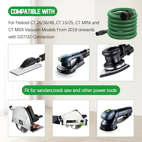 KAZFFD 3.5M (11.5FT) Durable Dust Extractor Hose for Festool Vacuums(D27/32),Ideal for Woodworking/Renovation/DIY, Fits CT 15/25/26/36/48, CT MINI/MIDI, Green - Image 3