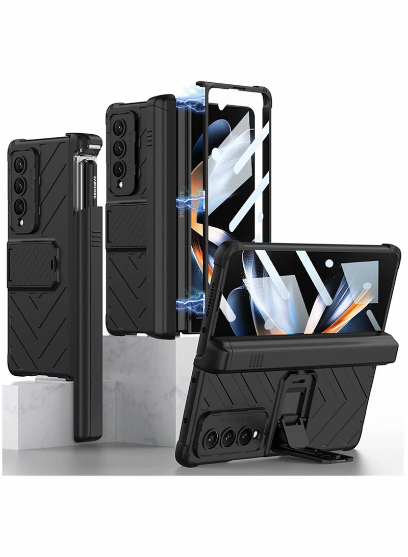 SOLARAE Compatible Samsung Galaxy Z Fold 4 Case with Pen Holder, Built-in Tempered Glass Screen Protector, Adjustable Kickstand, and All-Inclusive Magnetic Hinged Protection (Black) - Image 1