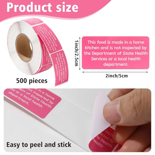 Varpotle 500 Count Cottage Food Law Labels Stickers, 2x1 Inch Made in a Home Kitchen Labels, Pink Cottage Law Labels for Homemade Bakery, Canning, Farmers Market Packaging, Home Kitchen (Pink-500, 2 x 1 Inch) - Image 5