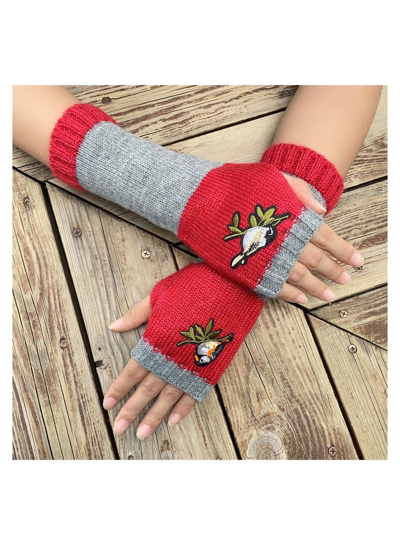 SYOSI Fingerless Gloves for Women, Stitching Embroidery Soft And Comfortable Gloves, Autumn And Winter Warm Gloves, Knitted Half Finger Glove, Cute Bird Arm Warmer  - Image 2