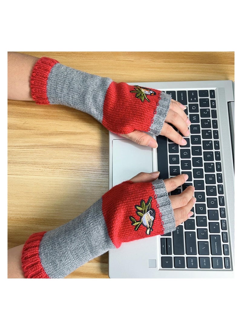 SYOSI Fingerless Gloves for Women, Stitching Embroidery Soft And Comfortable Gloves, Autumn And Winter Warm Gloves, Knitted Half Finger Glove, Cute Bird Arm Warmer  - Image 4