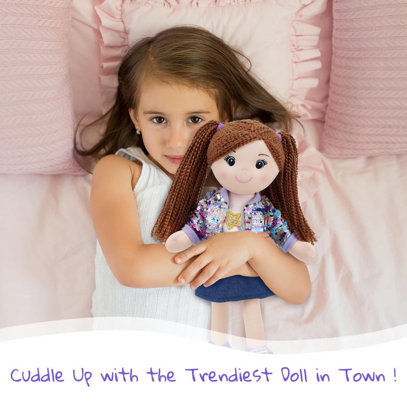 June Garden 14" Snuggle Cutie Sophie Glam - Soft Cuddly Plush Doll Gift for Girls - Huggable Rag Doll - Trendy Outfit M - Image 4
