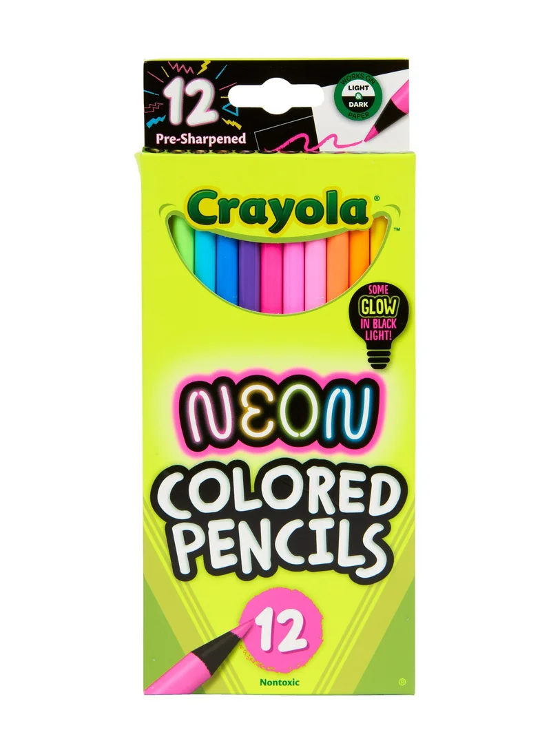 Crayola Crayola Neon Colored Pencils – 12 Vibrant Fluorescent Colors That Glow Under Black Light | Pre-Sharpened, Durable & Non-Toxic Art Pencils for Kids and Artists
