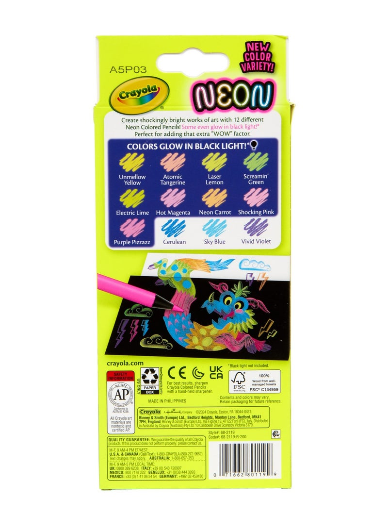 Crayola Neon Colored Pencils – 12 Vibrant Fluorescent Colors That Glow Under Black Light | Pre-Sharpened, Durable & Non-Toxic Art Pencils for Kids and Artists - Image 4