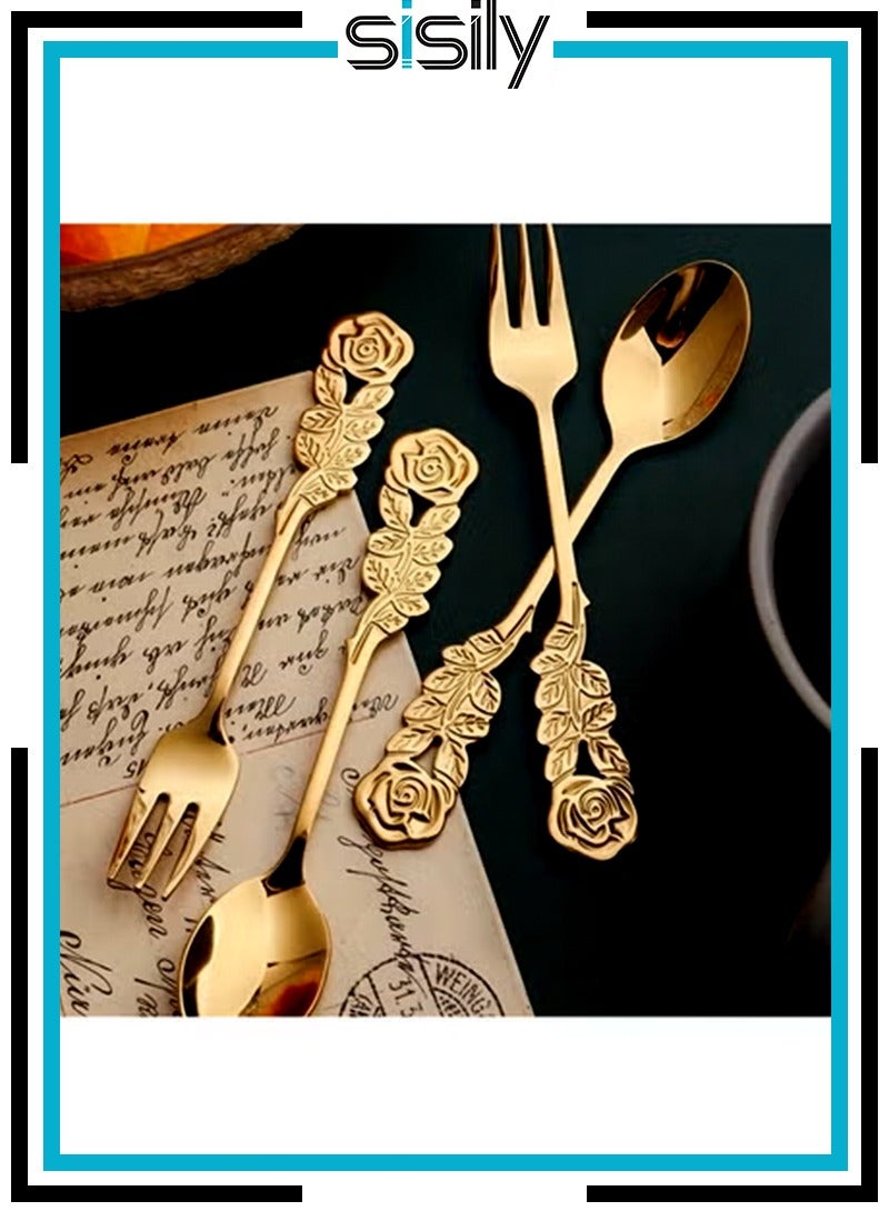 Sisily 4Pcs Rose Handle Spoon Fork Set 4.72inch (304) Stainless Steel Flatware for Coffee Tea Dessert Ice Cream Appetizer Fruit（Gold） - Image 1