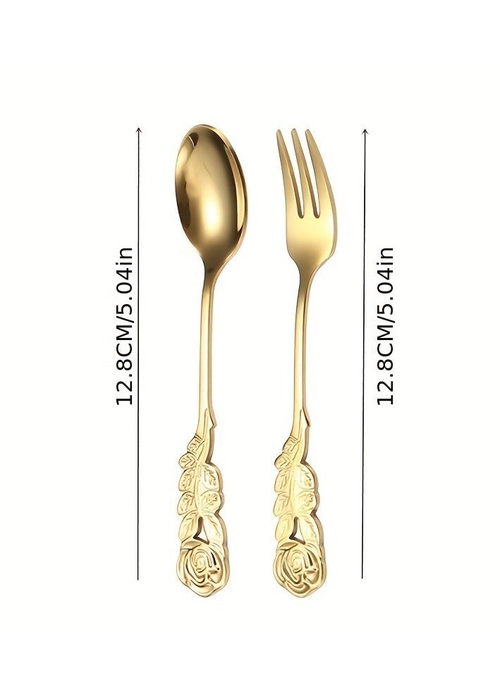 Sisily 4Pcs Rose Handle Spoon Fork Set 4.72inch (304) Stainless Steel Flatware for Coffee Tea Dessert Ice Cream Appetizer Fruit（Gold） - Image 2