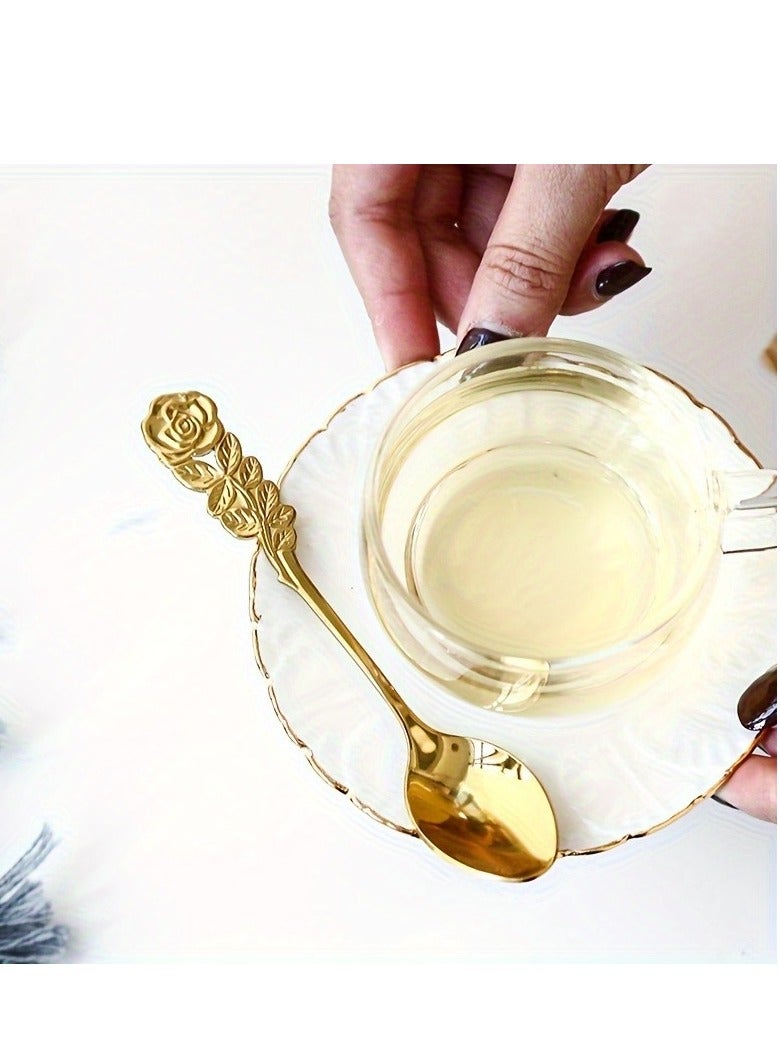 Sisily 4Pcs Rose Handle Spoon Fork Set 4.72inch (304) Stainless Steel Flatware for Coffee Tea Dessert Ice Cream Appetizer Fruit（Gold） - Image 5