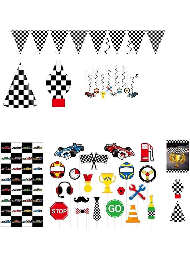 Oojami Serves 30 Complete Party Pack Race Car Theme 30 Birthday Party Hats 30 Blowouts 30 Treat Bags 20 Diy Photo Props 14 Swirls 2 Pennant Banners 1 Backdrop Ideal For Race Car Theme Birthday Party - Image 1