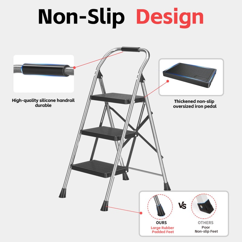 DIAMONDFORGE Step Ladder Foldable Folding Stool - for Home Adults Kitchen 3 Stepping Extension Tall Heavy Duty with Handrails - Closet Stepstool Stair Ladders Extendable Stepladder for Indoor House 600Lbs - Image 4