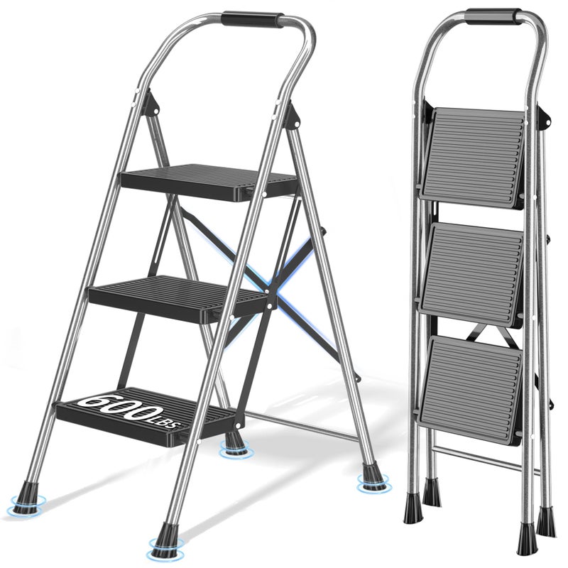 DIAMONDFORGE Step Ladder Foldable Folding Stool - for Home Adults Kitchen 3 Stepping Extension Tall Heavy Duty with Handrails - Closet Stepstool Stair Ladders Extendable Stepladder for Indoor House 600Lbs - Image 1
