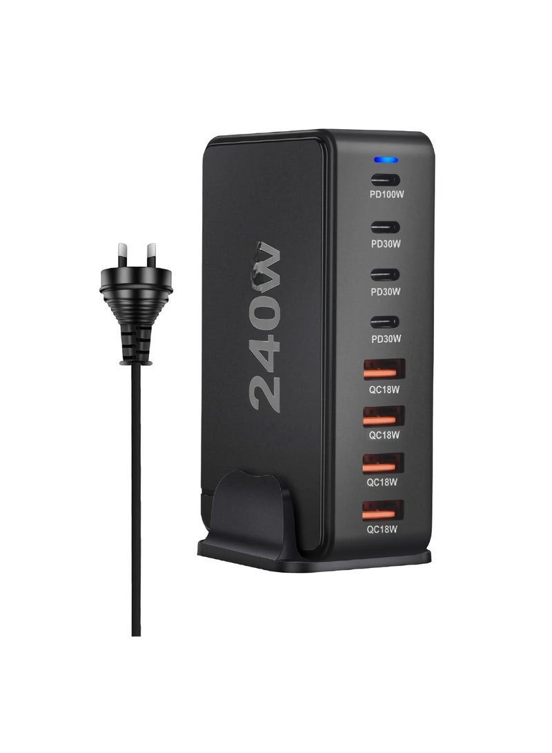 AROAQ 240W Gan USB Type C Fast Charger, Multiple Use 8 Ports PD QC4.0 Laptop Charger, Safe And Durable Desktop Charger Compatible for Macbook Pro/Air/Ipad Pro/Iphone, (240W Australian standard, Black) - Image 1