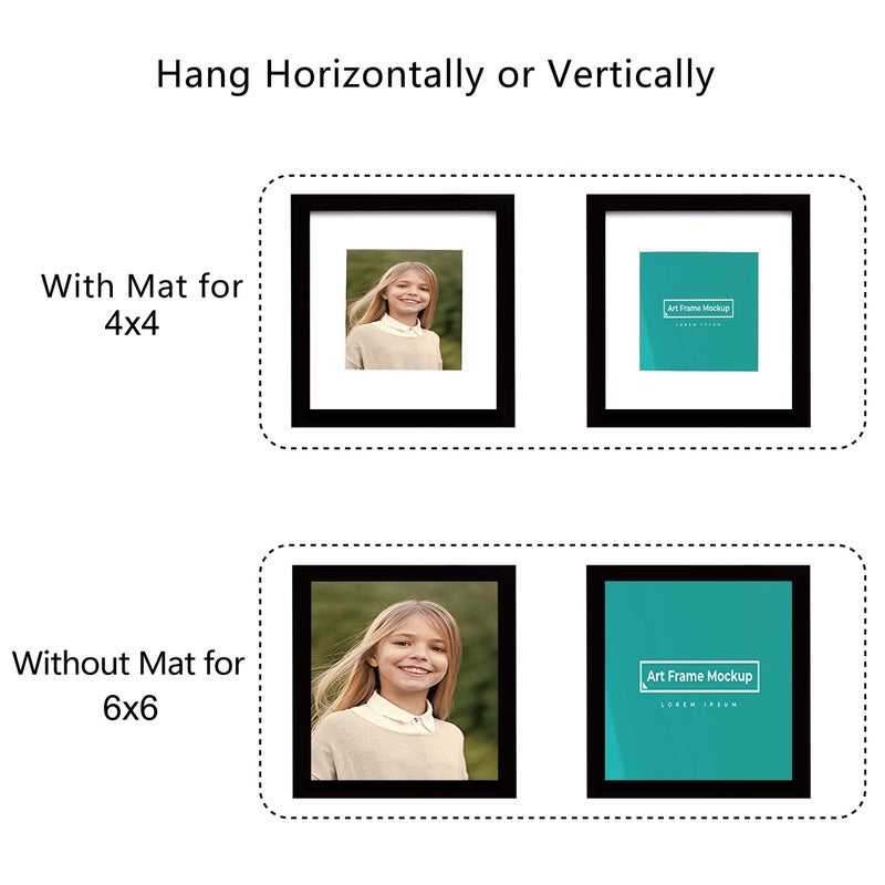 Picrit 6x6 Picture Frame Set of 4  Made of High Definition Real Glass  Display 4x4 with Mat or 6x6 Without Mat  Photo Frames for Wall Mounting or Table Top Display  Black - Image 2