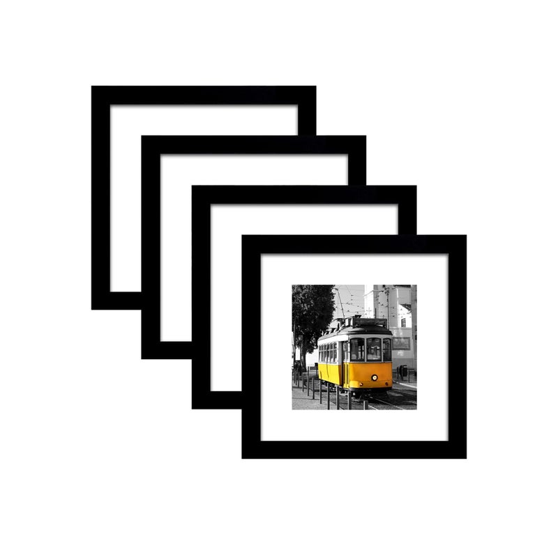 Picrit 6x6 Picture Frame Set of 4  Made of High Definition Real Glass  Display 4x4 with Mat or 6x6 Without Mat  Photo Frames for Wall Mounting or Table Top Display  Black - Image 1