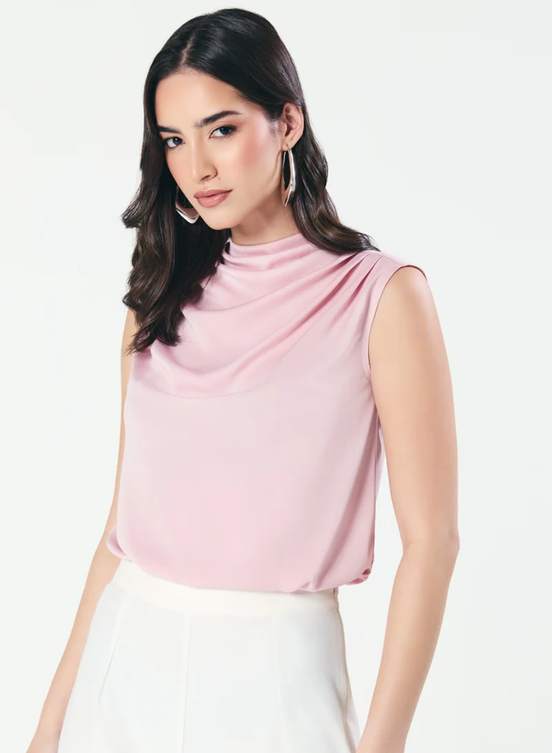 Zigzag Sleeveless Cowl High Neck Satin Baby-Pink Top