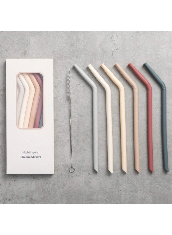 Nightingale Reusable Silicone Straws - Bendy Drinking Straw with Cleaning Brush - Collapsible and Bendable Travel Straw for Kids - Dishwasher Safe, Food-Safe - Set of 6 (Oak Multi) - Image 1