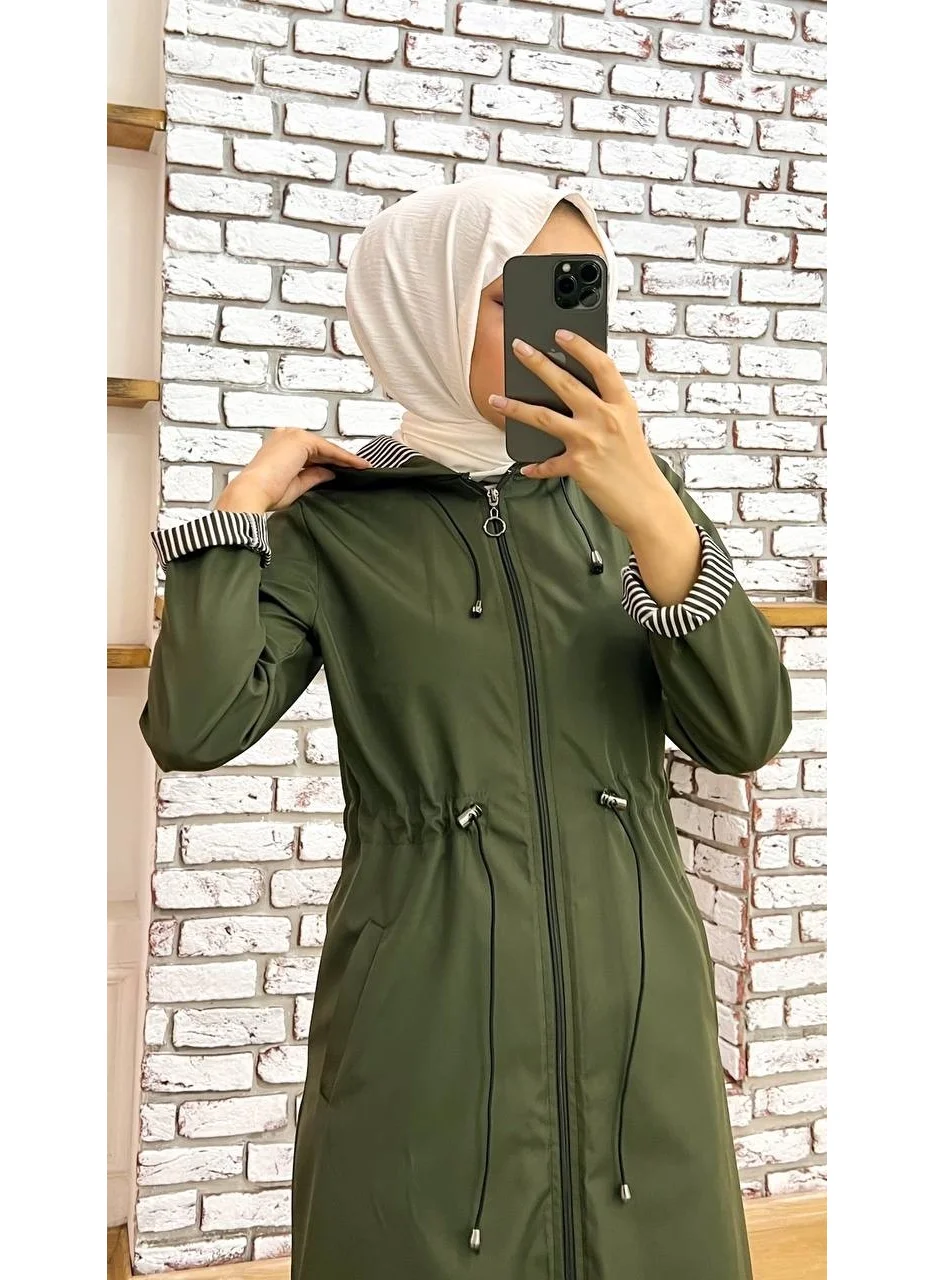 Marjinal City Marginal City Khaki Striped and Self-Lined Waterproof Women's Trench Coat