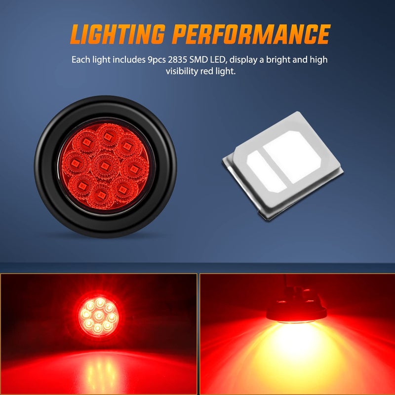 Nilight 2 Inch Round Marker Light 2PCS Red 9LED LED Indicator Clearance Lights Flush Mount with Plug Grommet Pigtail Hardwired for 12V Truck Trailer Tractor Buses Vans Boat - Image 4