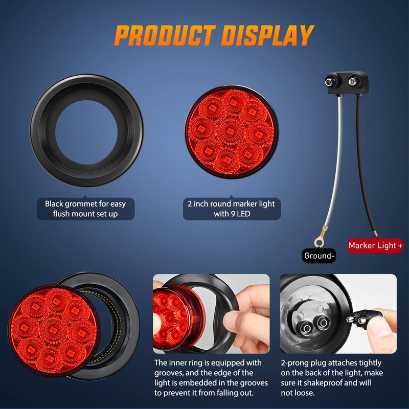 Nilight 2 Inch Round Marker Light 2PCS Red 9LED LED Indicator Clearance Lights Flush Mount with Plug Grommet Pigtail Hardwired for 12V Truck Trailer Tractor Buses Vans Boat - Image 3