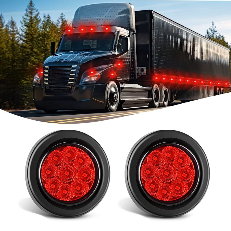 Nilight 2 Inch Round Marker Light 2PCS Red 9LED LED Indicator Clearance Lights Flush Mount with Plug Grommet Pigtail Hardwired for 12V Truck Trailer Tractor Buses Vans Boat - Image 1