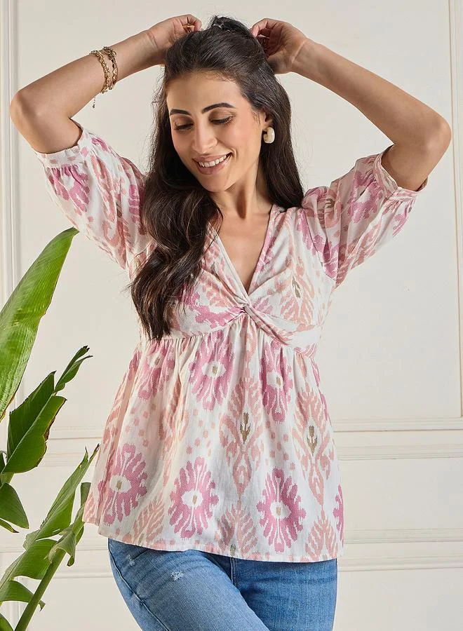 WineRed Women Off White Print Ruched Top