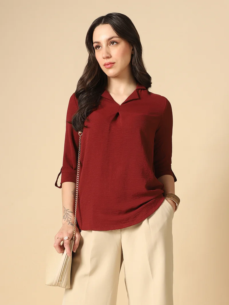 Globus Women Maroon Cuban Collar Roll Up Sleeves Shirt Style Workwear Shirt