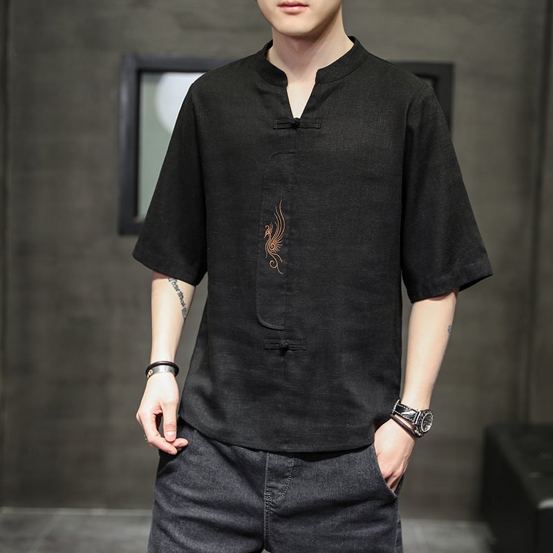 2022 Chinese Style Men'S Linen Solid Color Embroidered Casual Short-Sleeved Youth Fashion Half-Sleeved T-Shirt For Men - Image 3