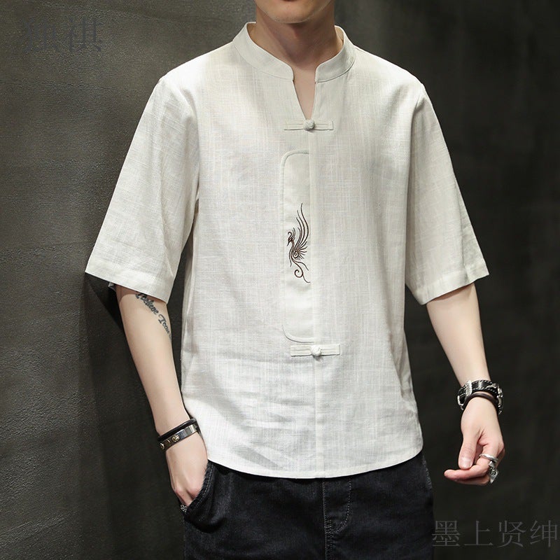 2022 Chinese Style Men'S Linen Solid Color Embroidered Casual Short-Sleeved Youth Fashion Half-Sleeved T-Shirt For Men - Image 2