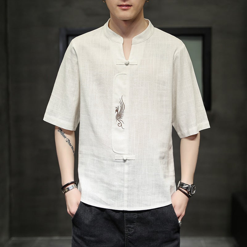 2022 Chinese Style Men'S Linen Solid Color Embroidered Casual Short-Sleeved Youth Fashion Half-Sleeved T-Shirt For Men - Image 5