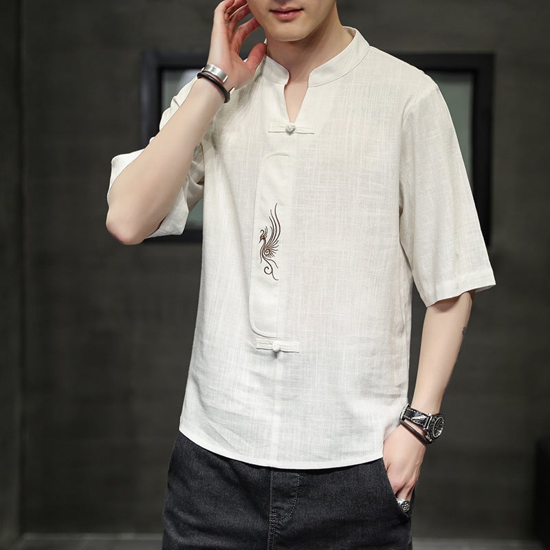 2022 Chinese Style Men'S Linen Solid Color Embroidered Casual Short-Sleeved Youth Fashion Half-Sleeved T-Shirt For Men - Image 4