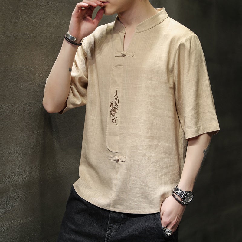 2022 Chinese Style Men'S Linen Solid Color Embroidered Casual Short-Sleeved Youth Fashion Half-Sleeved T-Shirt For Men - Image 1